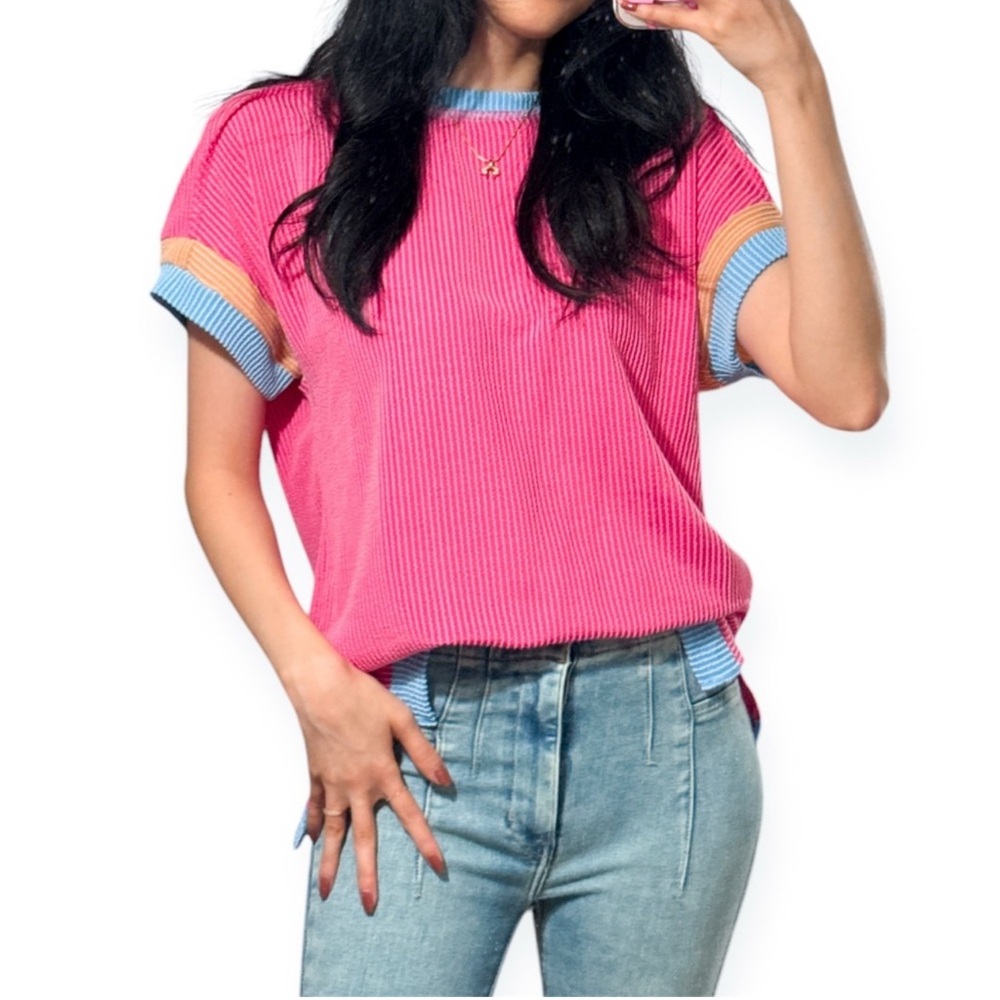 COPY - 𝗡𝗪𝗧 S/M/L Tri-Color Candy Core Ribbed Loose Fit Short Sleeve Top